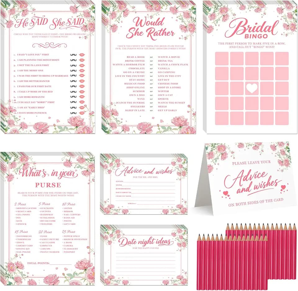 Bridal Shower Games, 5-Game Set for 32 Guests with 32 Pencils