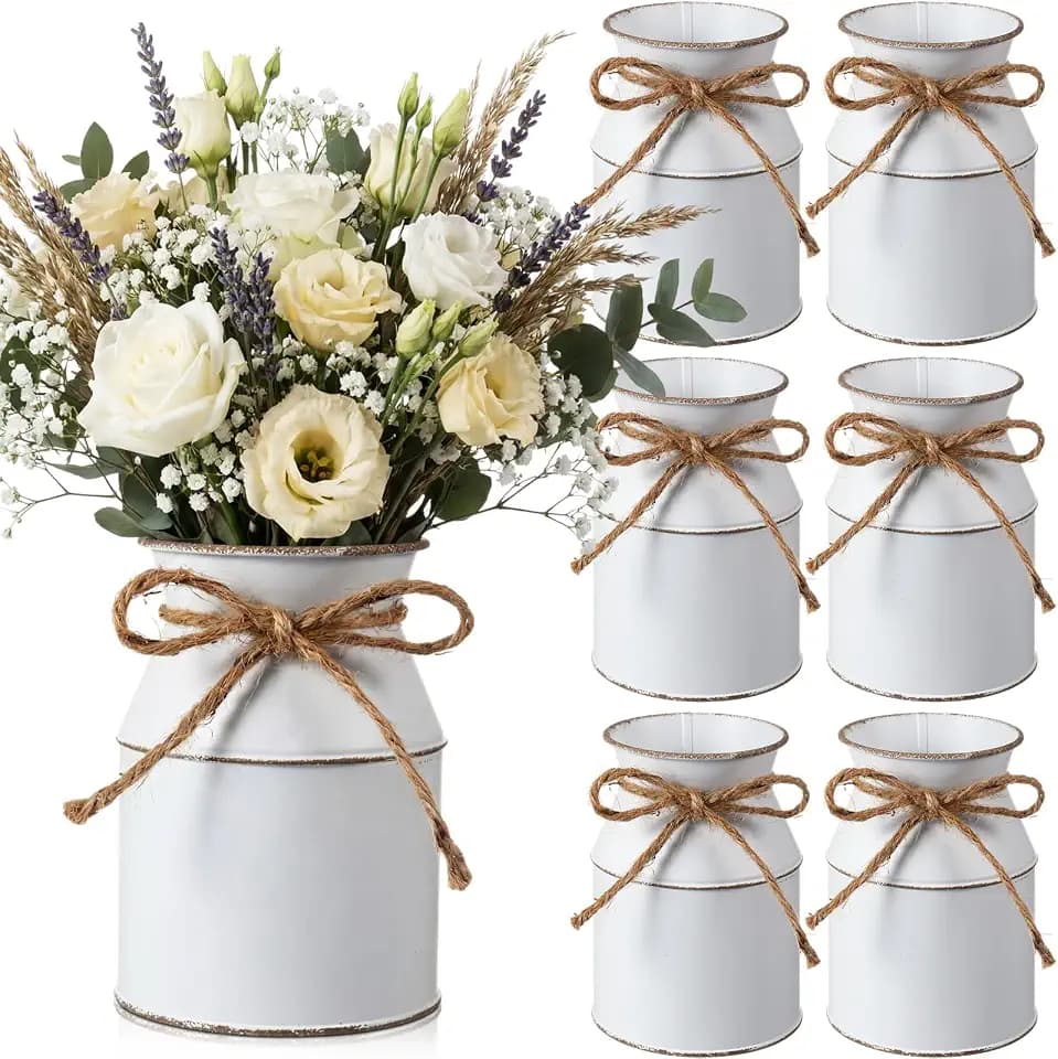 Domensi 6 Pcs Farmhouse Metal Flower Vase, Vintage White
