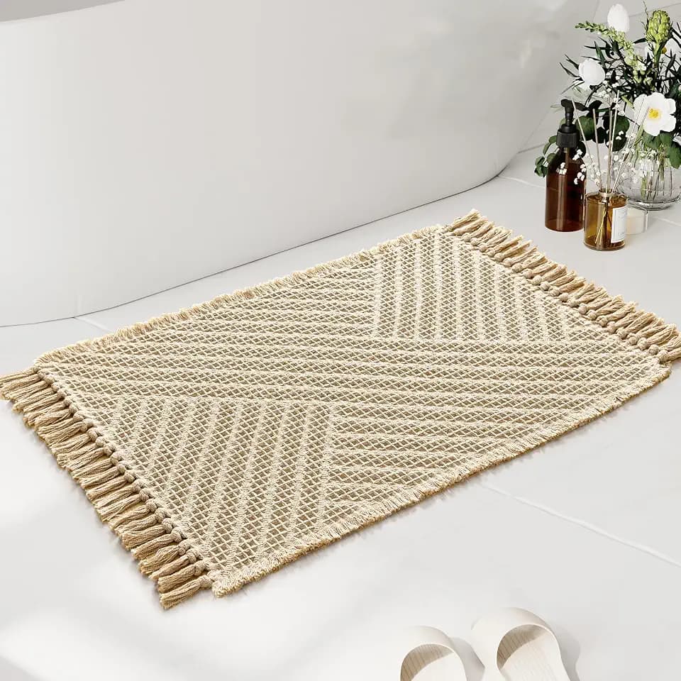 H.VERSAILTEX Waffle Bath Mat Super Absorbent Boho Bath Mat Non Slip Bath Rugs for Bathroom Floor Machine Washable Dry Fast Bathroom Rugs with Tassels, 20" x 32", Vanilla
