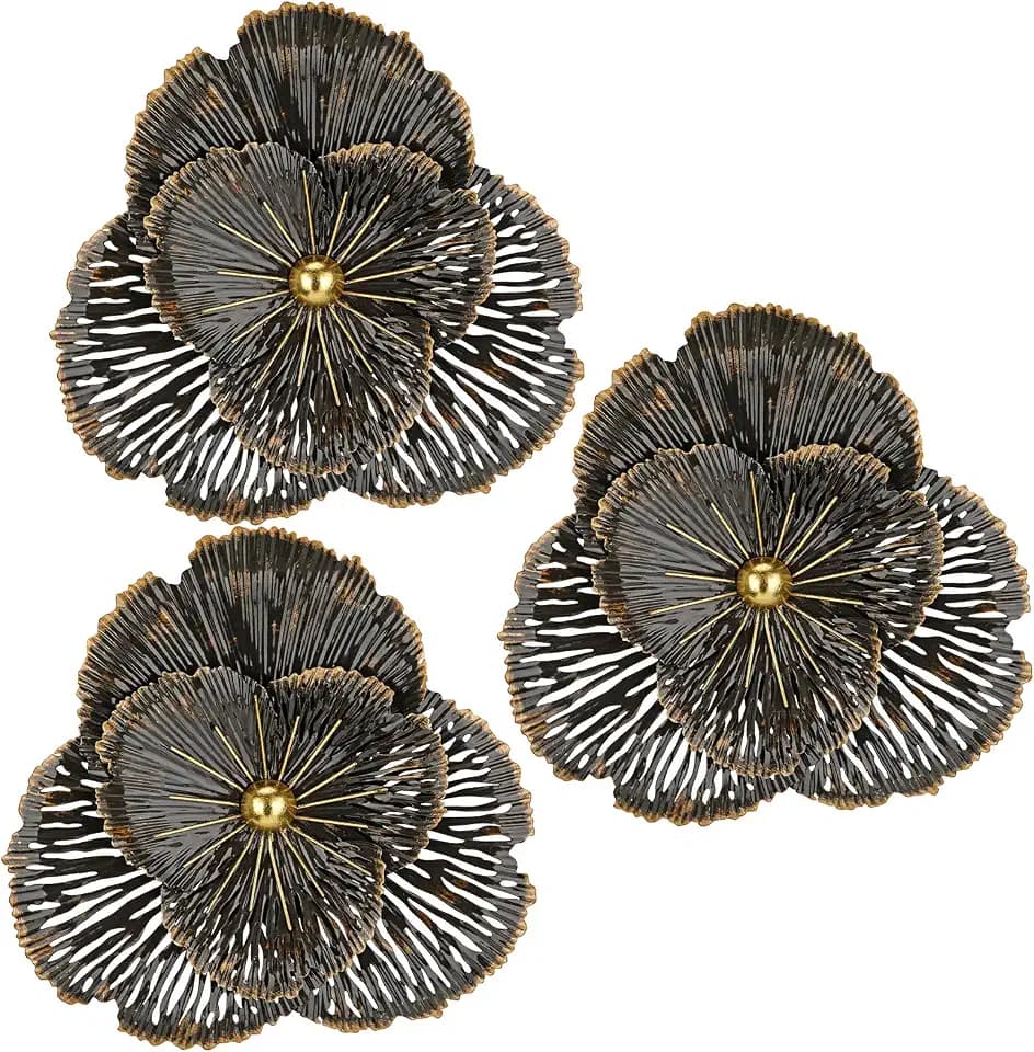 DILATATA 3 Pcs Metal Flower Wall Art Set 10 Inch Rustic Modern Floral Sculpture 3D Metal Flower Wall Hanging Accent for Indoor Living Room Bedroom Kitchen Bathroom Garden Patio Decor - Black