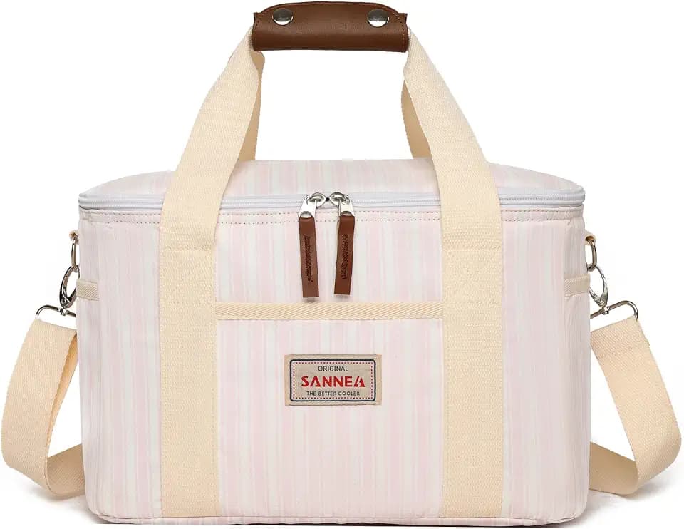 Insulated Lunch Bag for Women and Men,Lightweight Reusable Cooler Tote Bag for Picnic Beach,Waterproof Stripe Lunch Box for Office Work (Pink, 14L)