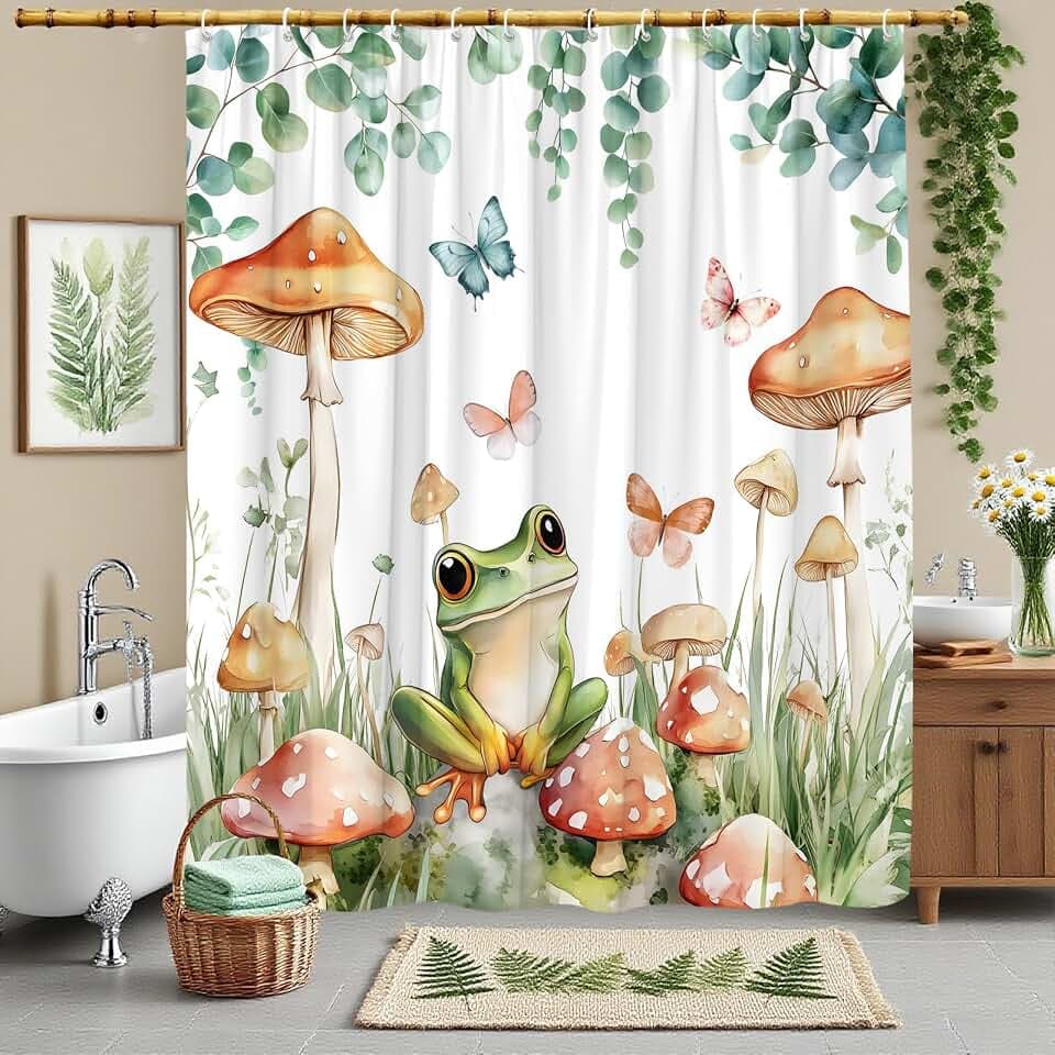 Funny Frog Mushroom Shower Curtain Butterfly Sage Green Plants Eucalyptus Leaf Rustic Floral Wildflower Nature Watercolor Botanical Polyester Fabric Bathroom Decorative Curtain 70 x 70 inches