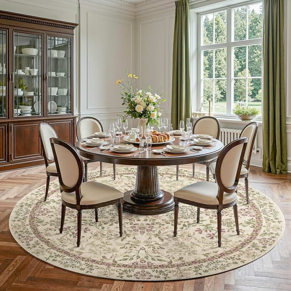 jinchan 8ft Washable Round Area Rug, Vintage Floral, Pastoral Green