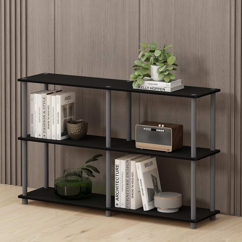 Furinno Turn-N-Tube Toolless Assembly Storage Shelves, 3-Tier 47.4 Inch Book Shelf, Corner Shelf, for Organization and Storage, Living Room, Home Office, Black