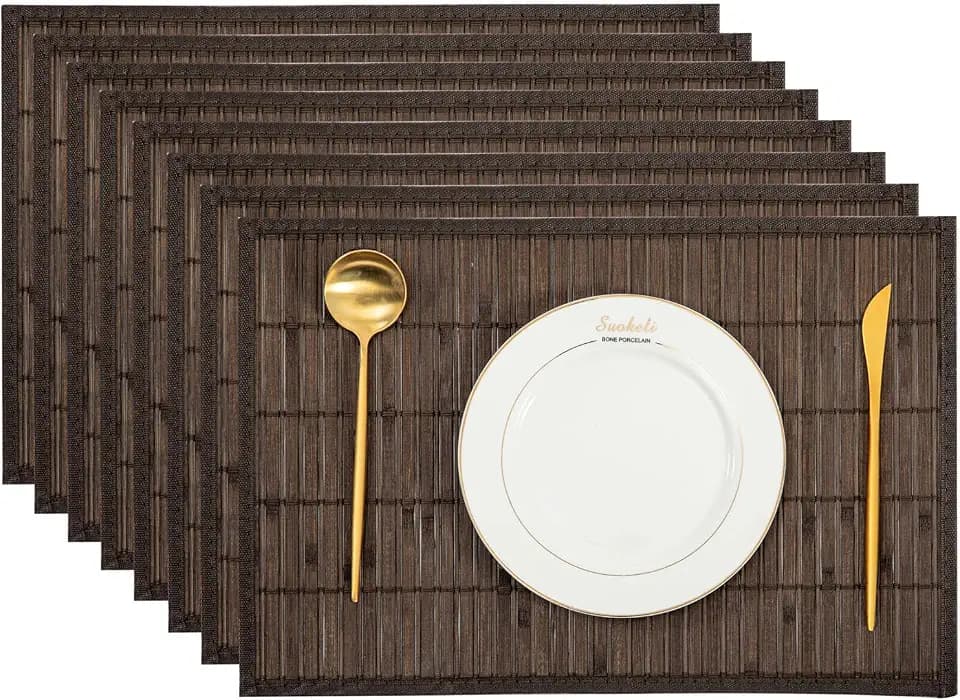 Bamboo Placemats Set of 8 with Fabric Border, Table Mats, Coffee