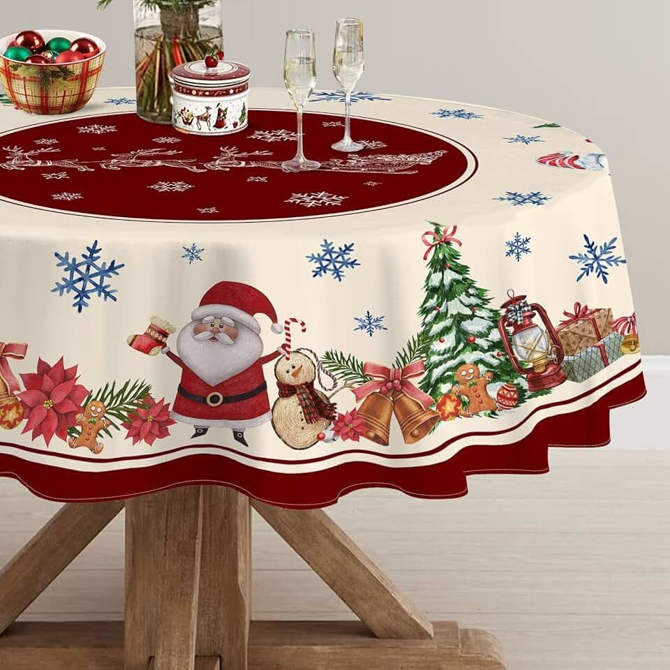 Hexagram Round Christmas Tablecloth 70 Inch, Christmas Table Cloth, Snowman Tablecloth Winter Xmas Santa Tablecloths for Kitchen Dining Decor