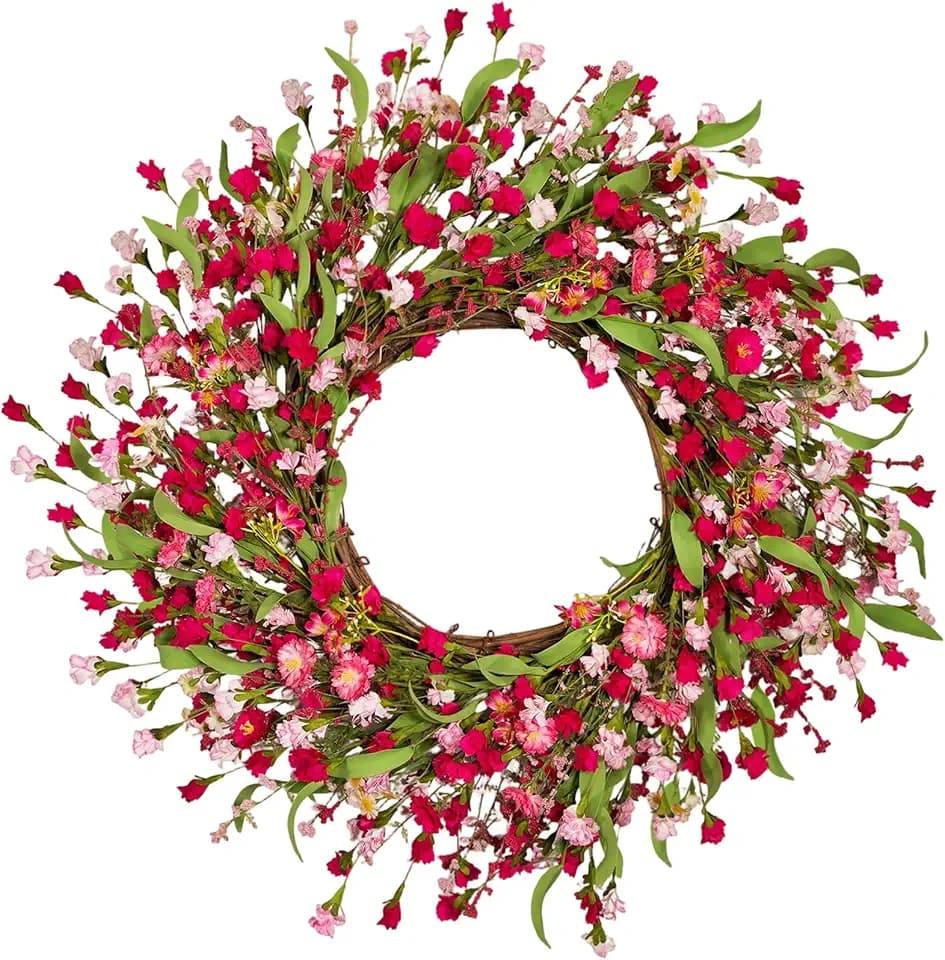 24 Inch Spring Wreaths for Front Door, Summer Wreath with Magenta Pink Flowers, Artificial Floral Greenery Eucalyptus Wreaths, Handmade Grapevine Wreath for Outside Home Wall Porch Decor