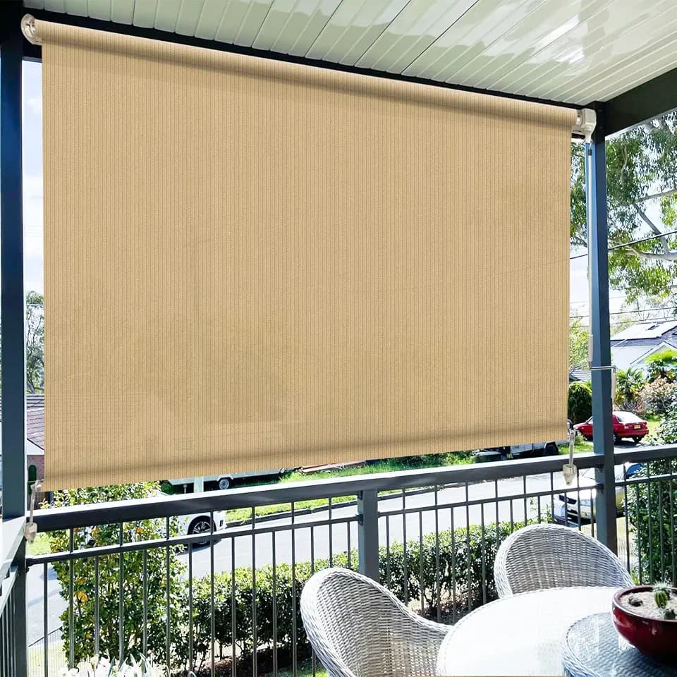 Amagenix Outdoor Roller Shades, 220GSM HDPE Exterior Cordless Patio Shades Roll Up Outdoor Blinds for Porch Gazebo 7'(W) x 6'(H), Spliced of Two Sections, Sesame
