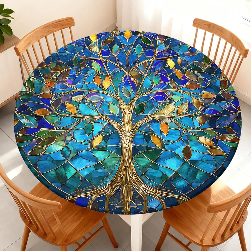 Round Fitted Tablecloth with Elastic Edge Fits 45"-48" Round Tables
