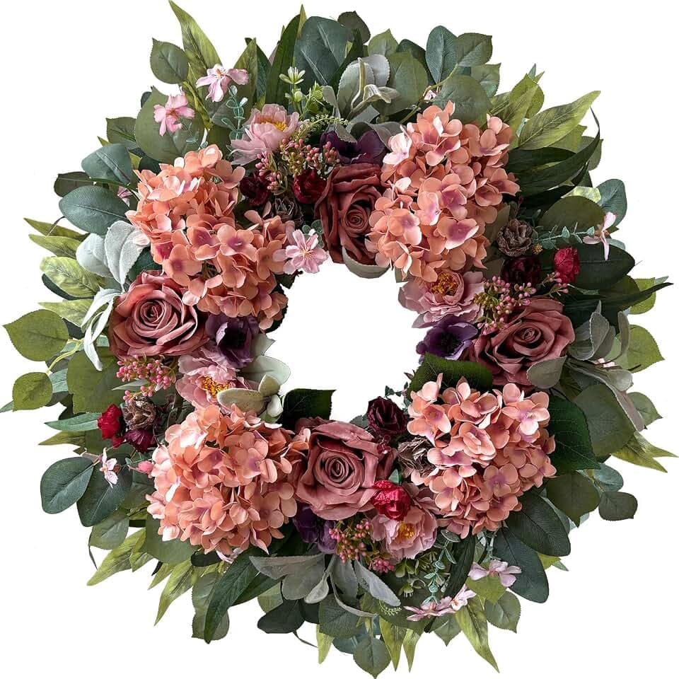 WANNA-CUL 24 Inch Pink Hydrangea Spring Wreath for Front Door