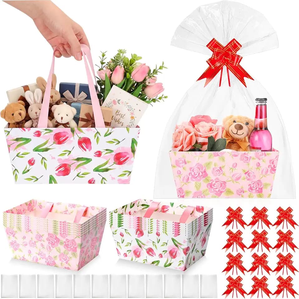 12 Pcs Floral Mother's Day Baskets Empty for Gift Spring Tulip Rose Pattern Paper Basket with Cellophane Bag Pull Bow for Teacher Appreciation, Baby Shower, Wedding, Anniversary, 9.8 x 6.5 Inch