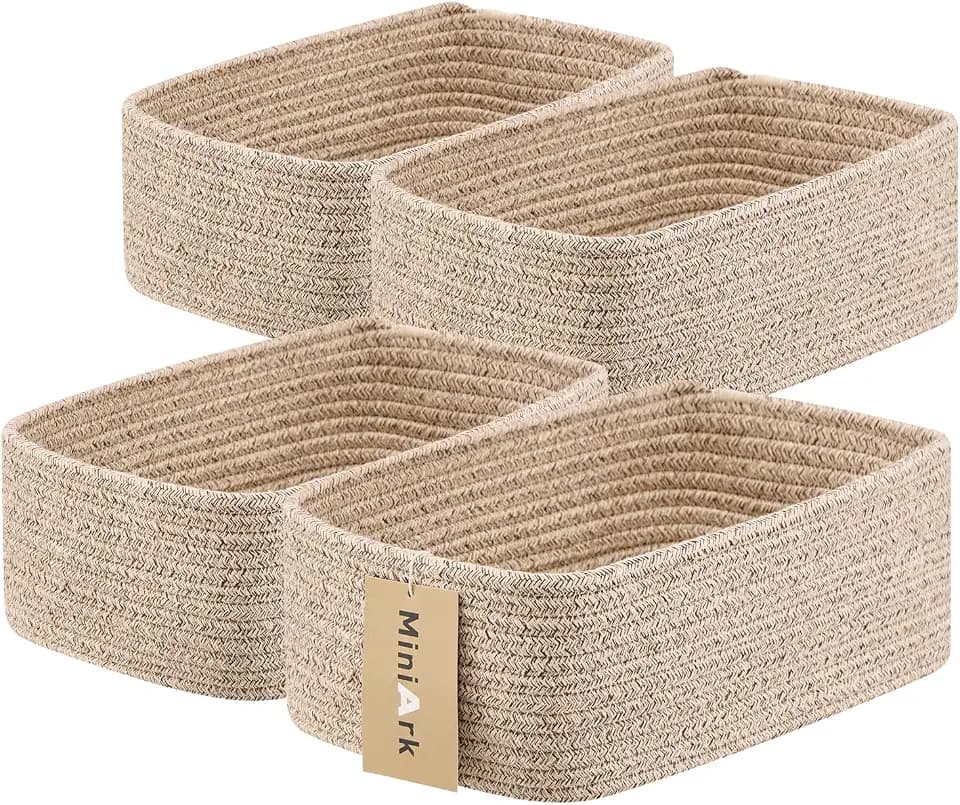 MiniArk Small Storage Baskets for Organizing | Closet Organizer Bins | Shelf Toy Basket | Woven Rope Baskets | Cube Decorative Box | Shallow Basket | 11.5x7.5x4.7” | 4 Packs Mixed Brown