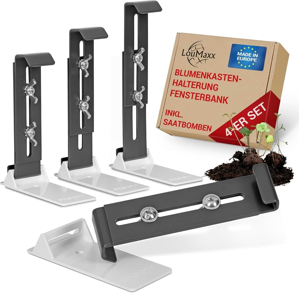 LouMaxx Blumenkastenhalterung Fensterbank ohne Bohren - 4er Set Unsichtbare Fensterbank Blumenkastenhalterung in Anthrazit - Stabil, Höhenverstellbar - inkl. Adaptern und Saatbomben