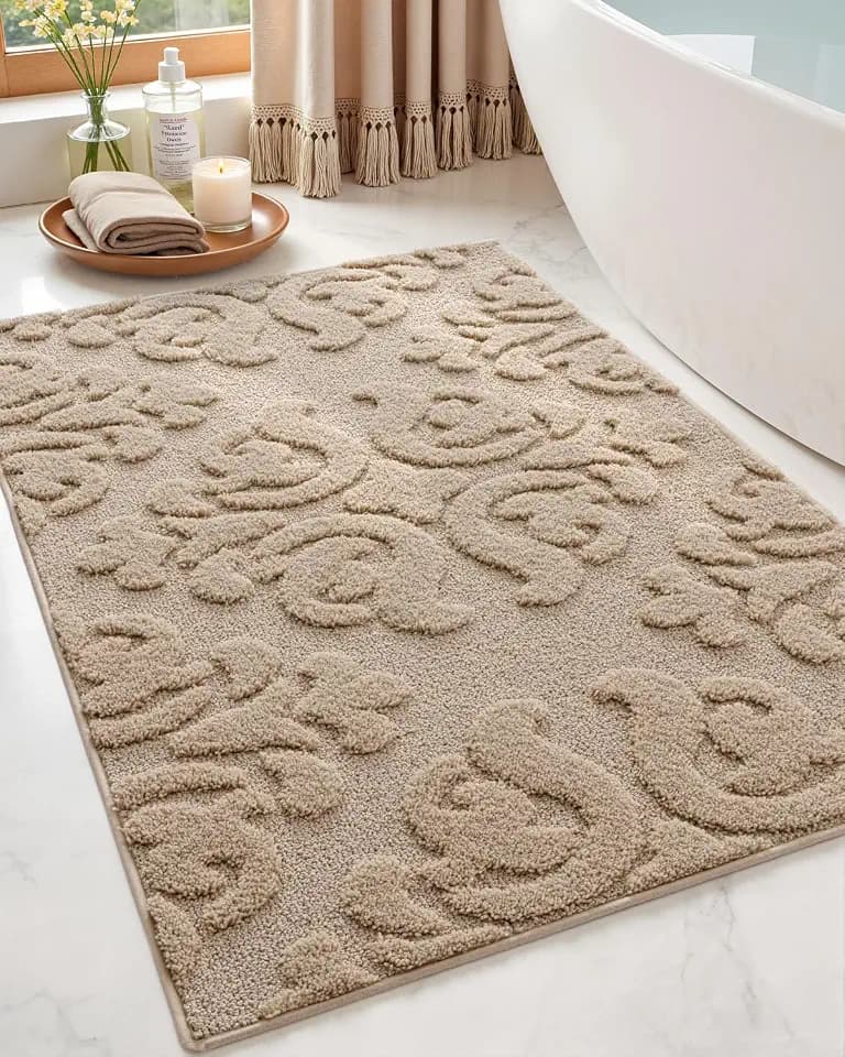 DEXI Bathroom Rug Non Slip Washable, 30x17 Floral Quick Dry Bath Mat, Beige