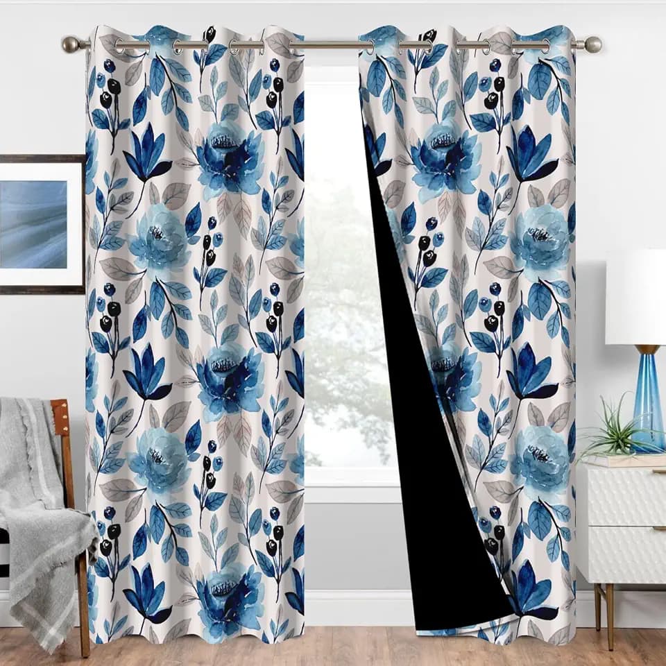 Blackout Curtains 84 Inches Long 2 Panels Set, Spring Thermal Insulated Black Out Curtains for Bedroom and Living Room, Vintage Blue Floral Patterned Soundproof Grommet Nursery Room Darkening Curtains
