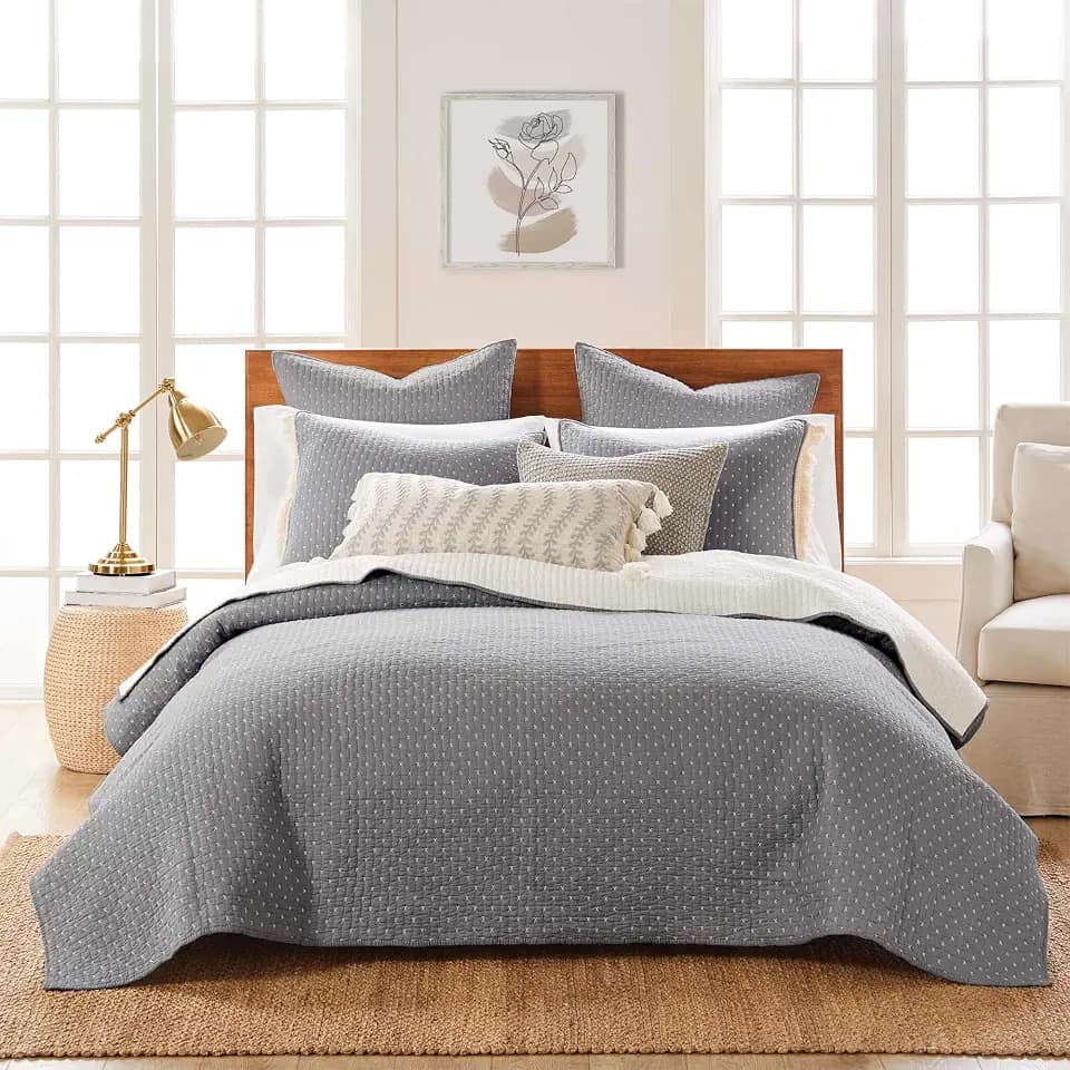 Levtex Home Cross Stitch Reversible King/Cal King Quilt Set (106x92in) and 2 Pillow Shams (36x20in) - Stitch Texture - Grey White - Cotton King Size Quilt Bedding Set - Lightweight Soft Pre-Washed