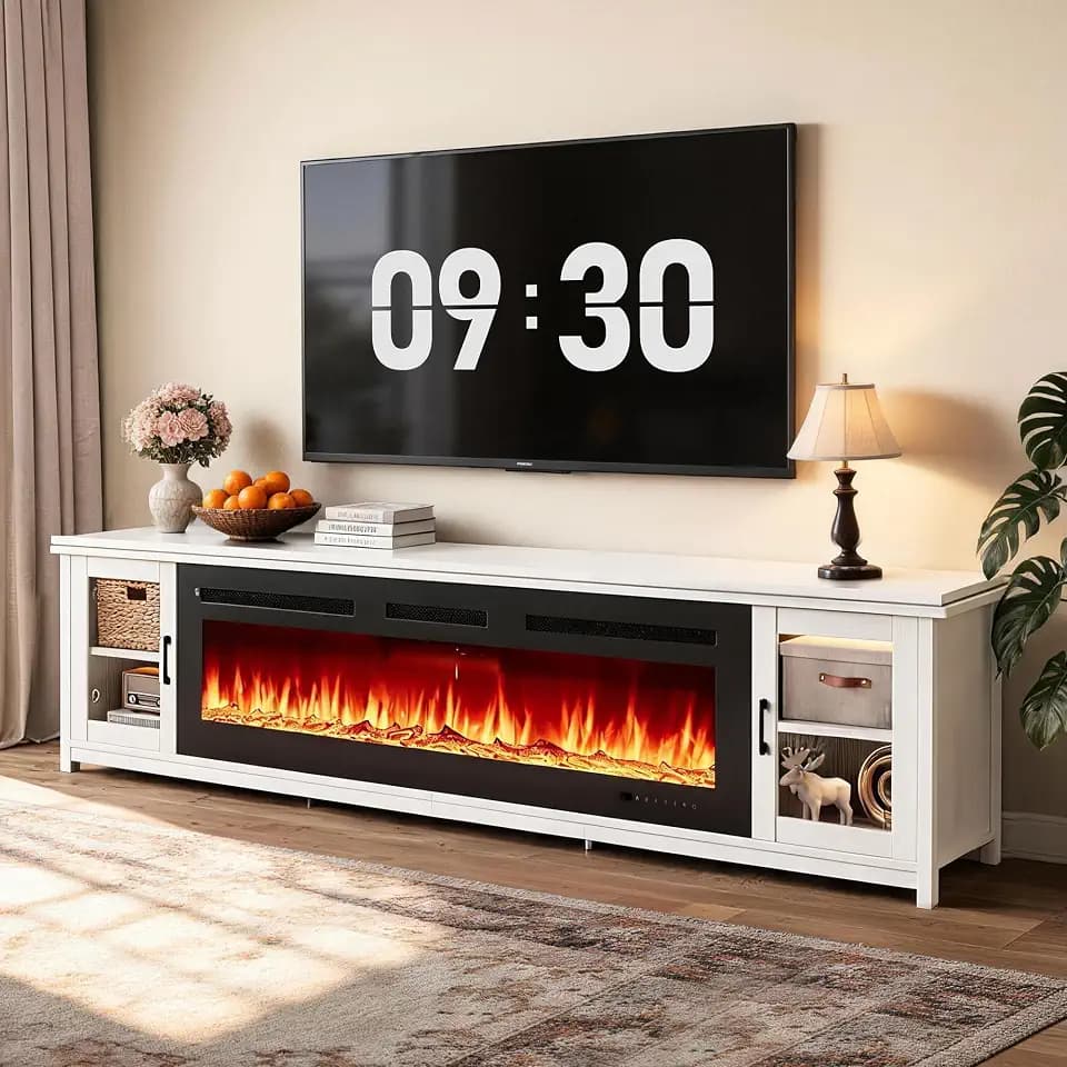 80" Fireplace TV Stand, Modern Entertainment Center with 50" Electric Fireplace, TV Console for Living Room, Fits TVs Up to 90", White & Black