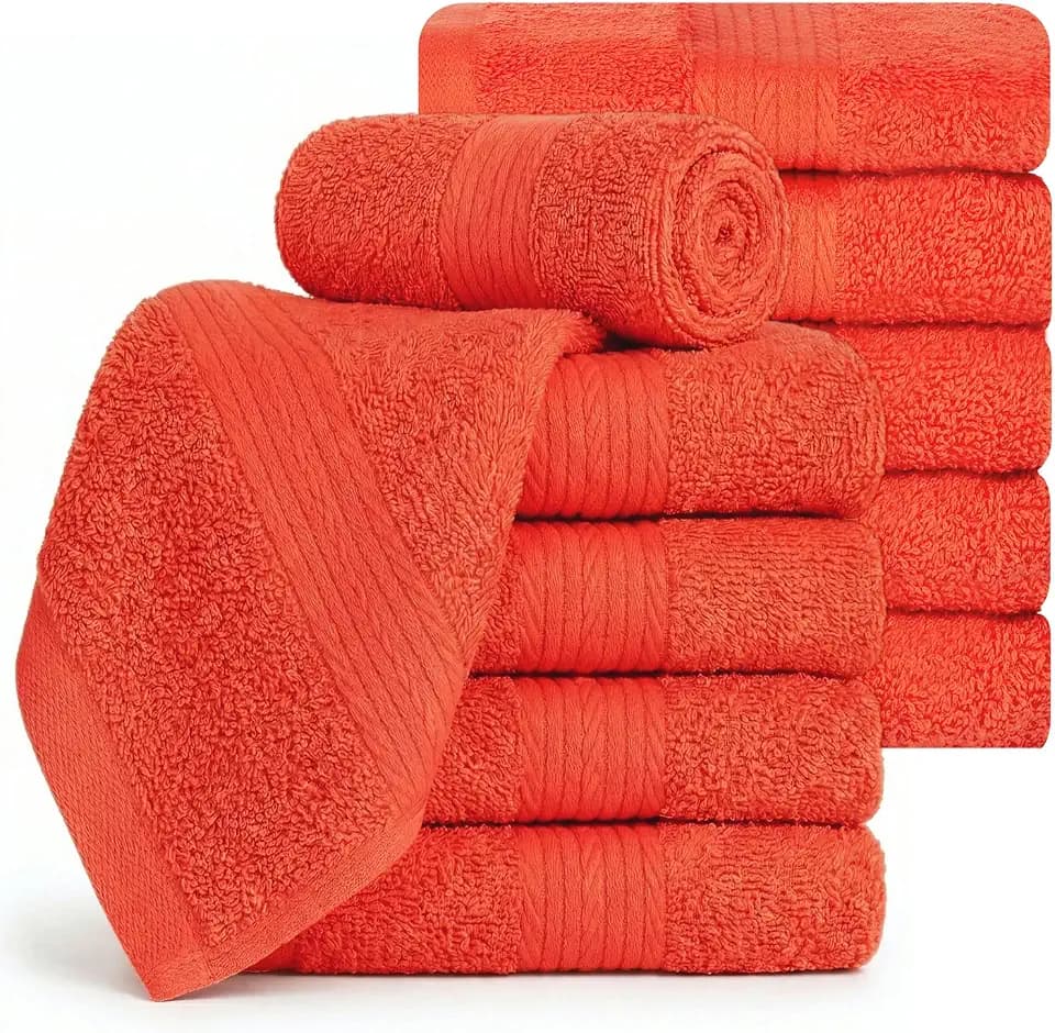 Ample Decor 100% Cotton Washcloths 12x12 Inches, 600 GSM, Soft & Absorbent, Durable, Set of 10, Orange