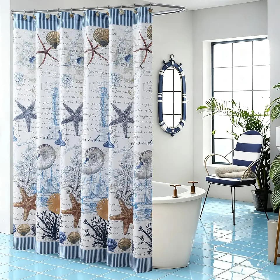Coastal Shower Curtain Beach Themed, Nautical Ocean Decor with Lighthouse, Seashells, Starfish & Coral, Waterproof Polyester Fabric 72x78 Inch for Bathroom, Bathtub