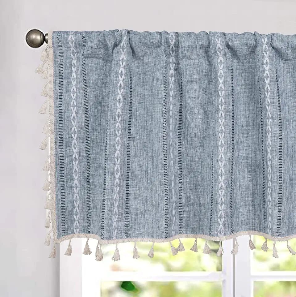 ColorBird Kitchen Short Curtains,52 x 18 inch Blue Striped Valance Curtains Light Filtering Drapes, 1 Panel Embroidered Kitchen Basement Window Curtains Over Sink for Oven Laundry RV Camper Cafe