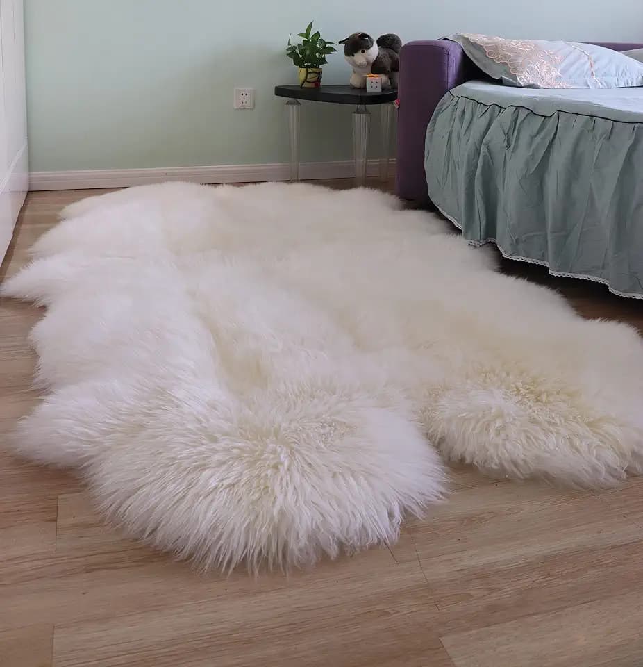 Woolous Sheepskin Rug 4x6 ft, Large Genuine Lambskin Quad Pelt Ivory-White