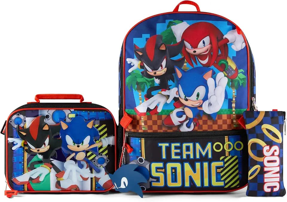 AI ACCESSORY INNOVATIONS Sonic the Hedgehog 5 PC Backpack Set for Girls & Boys, 16” Book Bag Featuring Sonic, Shadow, & Knuckles