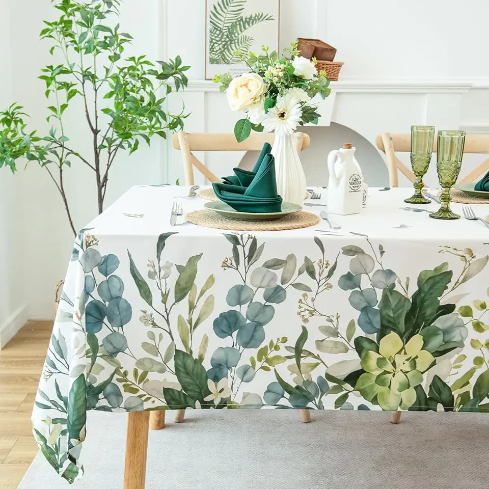 Summer Spring Tablecloth – Waterproof, Stain Resistant, Eucalyptus Floral Design for Dining, Kitchen, Outdoor, Picnic, Easy Clean, Vibrant and Durable Farmhouse Home Decor, W60 x L120