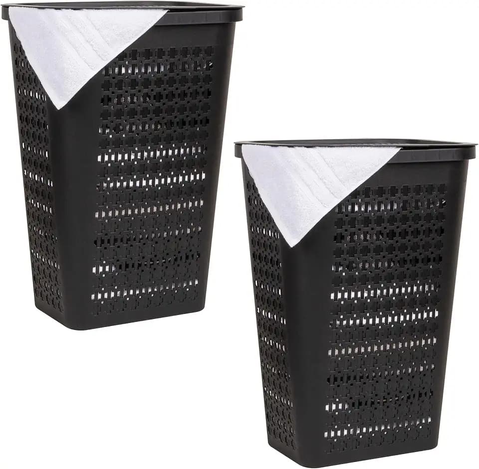 Mind Reader Slim Tapered Laundry Hampers with Lid, Clothes Basket with Swiss Cross Cut-Outs, Lightweight & Ventilated, Plastic, Set of 2, Black