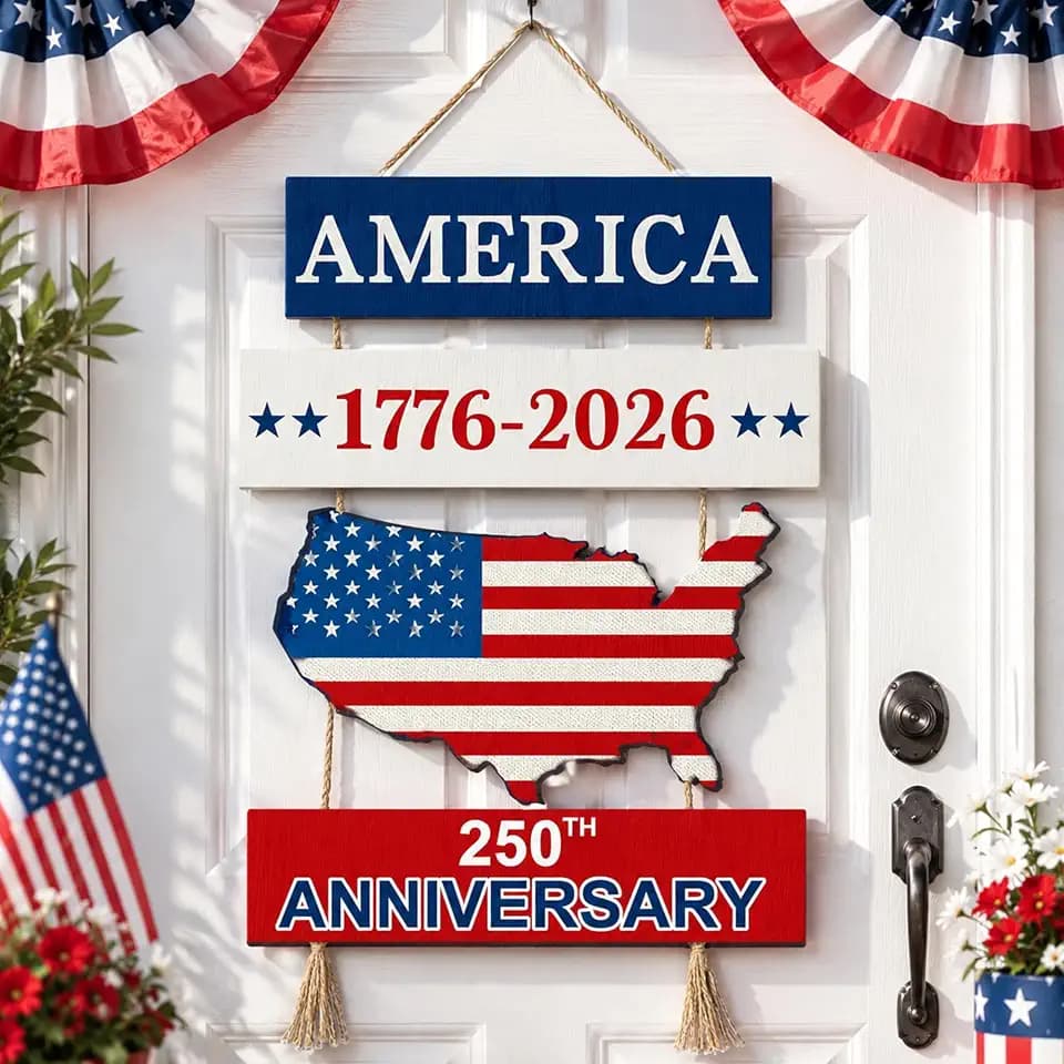 Fuutreo 250th Anniversary 4th of July Door Sign 1776-2026 Wooden Wall Decor