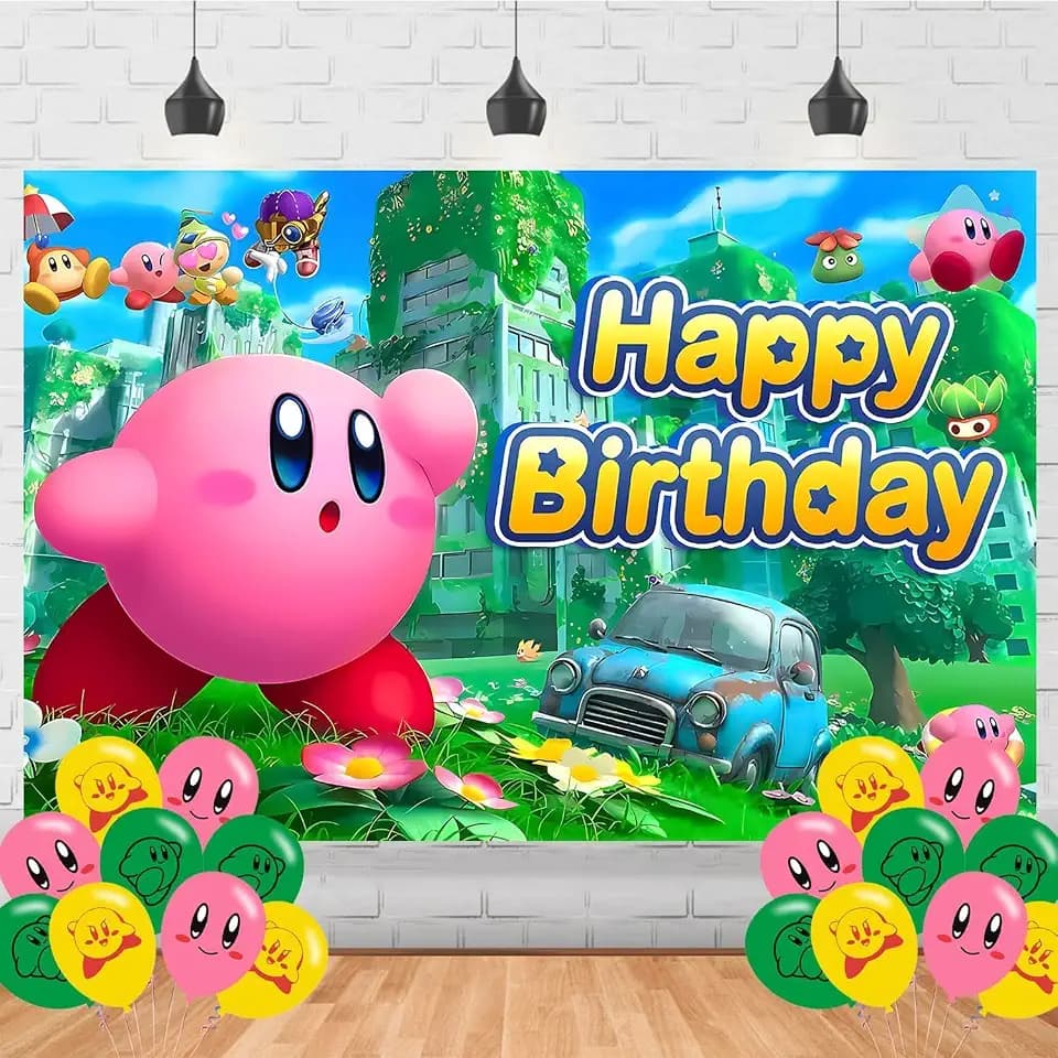 Cartoon Kirbies Birthday Photography Backdrop 5x3ft Photo Background Cartoon Star Happy Birthday Banner for Party Supplies Decorations (5x3ft)
