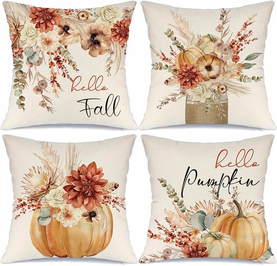 Hello Fall Pumpkin Throw Pillow Covers 18x18 Set of 4 Autumn Leaves Wheat Floral Harvest Thanksgiving Cushion Case Decorations for Sofa Couch