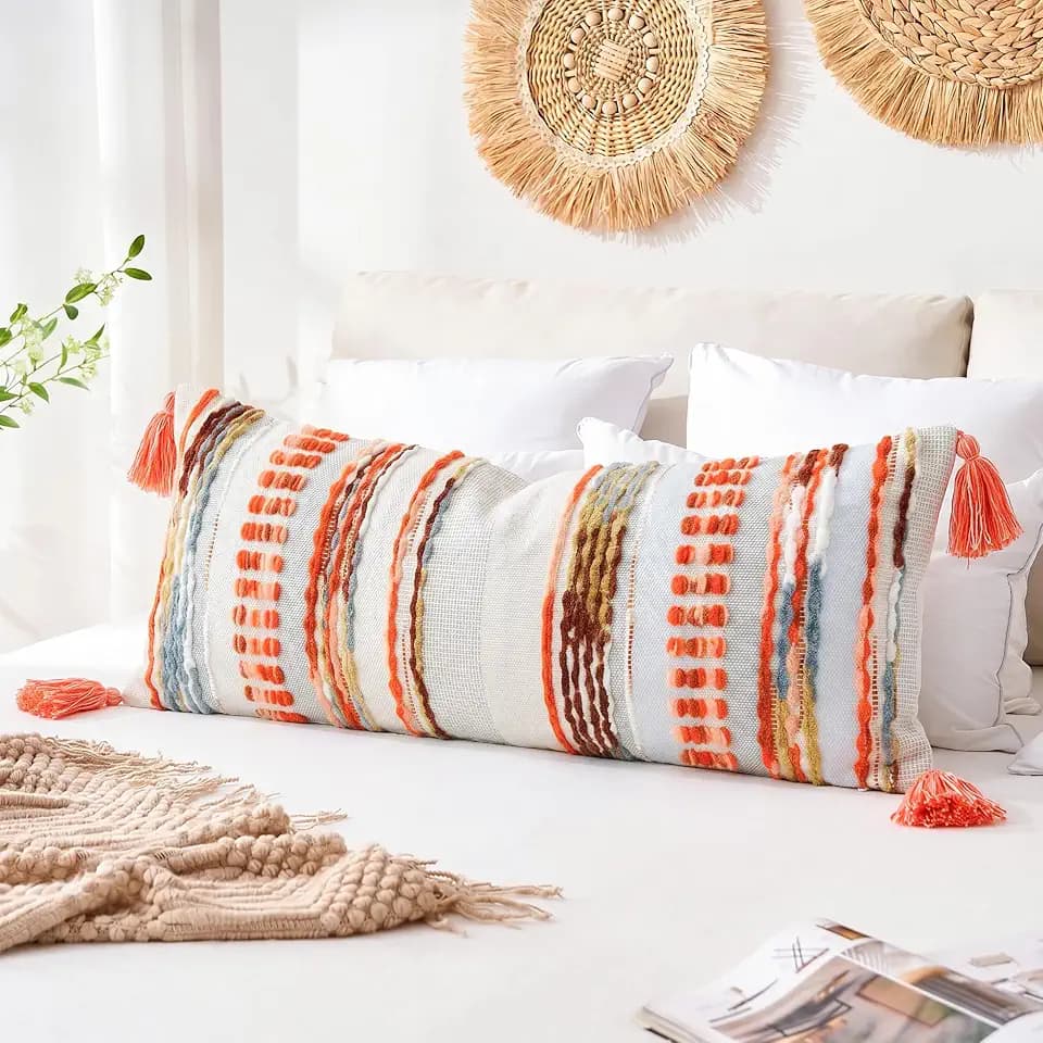 NUYECY Chenille and Cotton Long Pillow for Bed, Striped Textured Boho Lumbar Throw Pillow Cover 14x36, Neutral Accent Decorative Extra Long Body Pillow Case for Couch, Sofa, Bedroom, Red