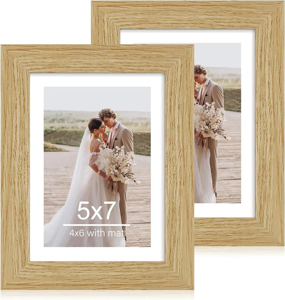 Hongkee 5x7 Picture Frame Set of 2, Real Glass and Wood Frame for Mat 4x6