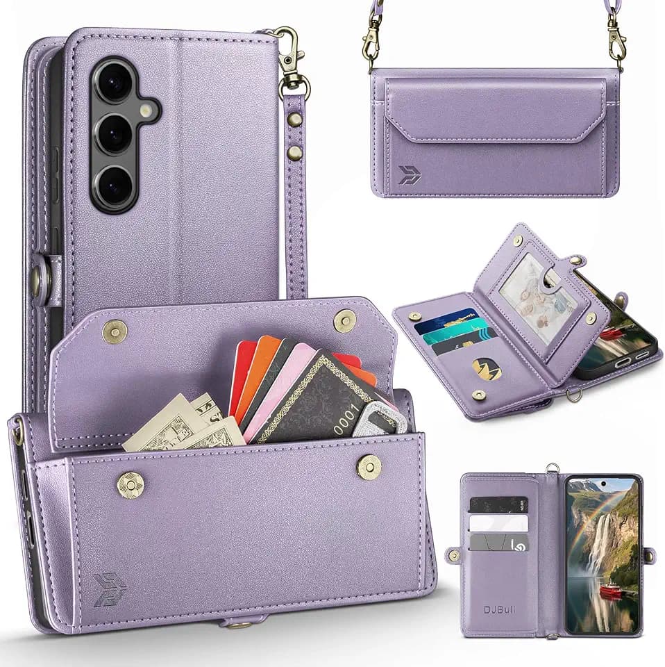 DJBull for Samsung Galaxy S25 Wallet Case with Card Holder, Shoulder and Wristlet Straps, Soft PU Leather, Magnetic Snap, Flip Phone Case for Women Men for Samsung S25 Light Purple