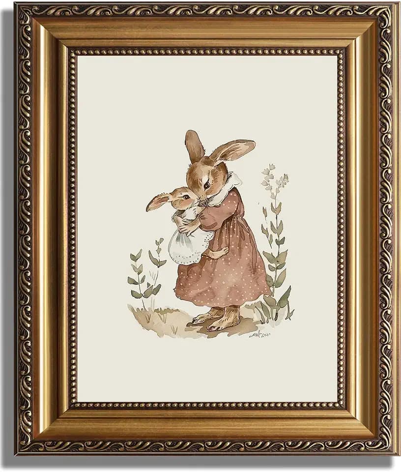 ASTRDECOR Gold Framed Canvas Wall Art, Vintage Bunny Mom and Baby Rabbit Print, Cottagecore Nursery Decor for for Baby Girl Room, Toddler Room or Playroom, 12x16 inch