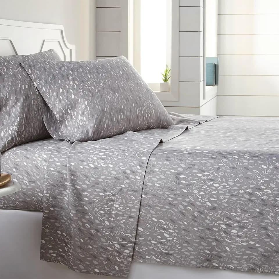 Botanical Printed Sheet Set 15 Inch Deep Pocket Sheets Queen Size Soft Grey