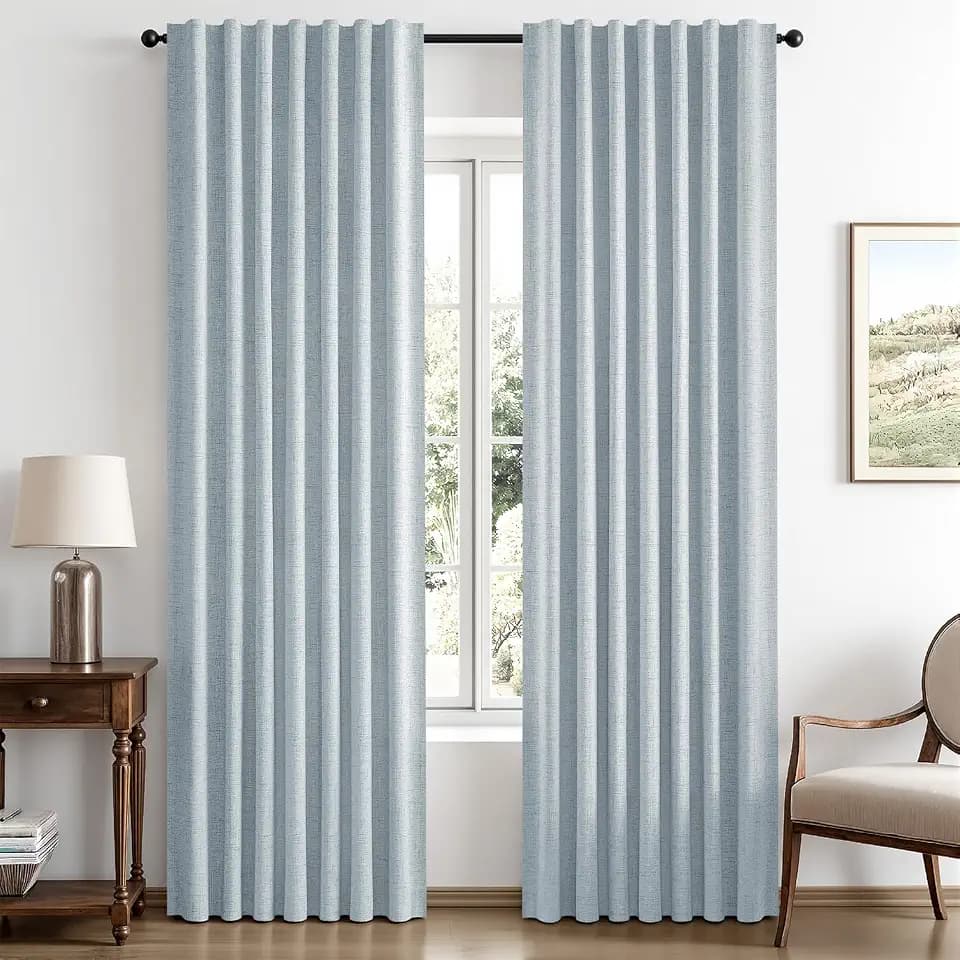 MIULEE 100% Blackout Linen Curtains 42 x 72 Inch Chambray Blue 2 Panels
