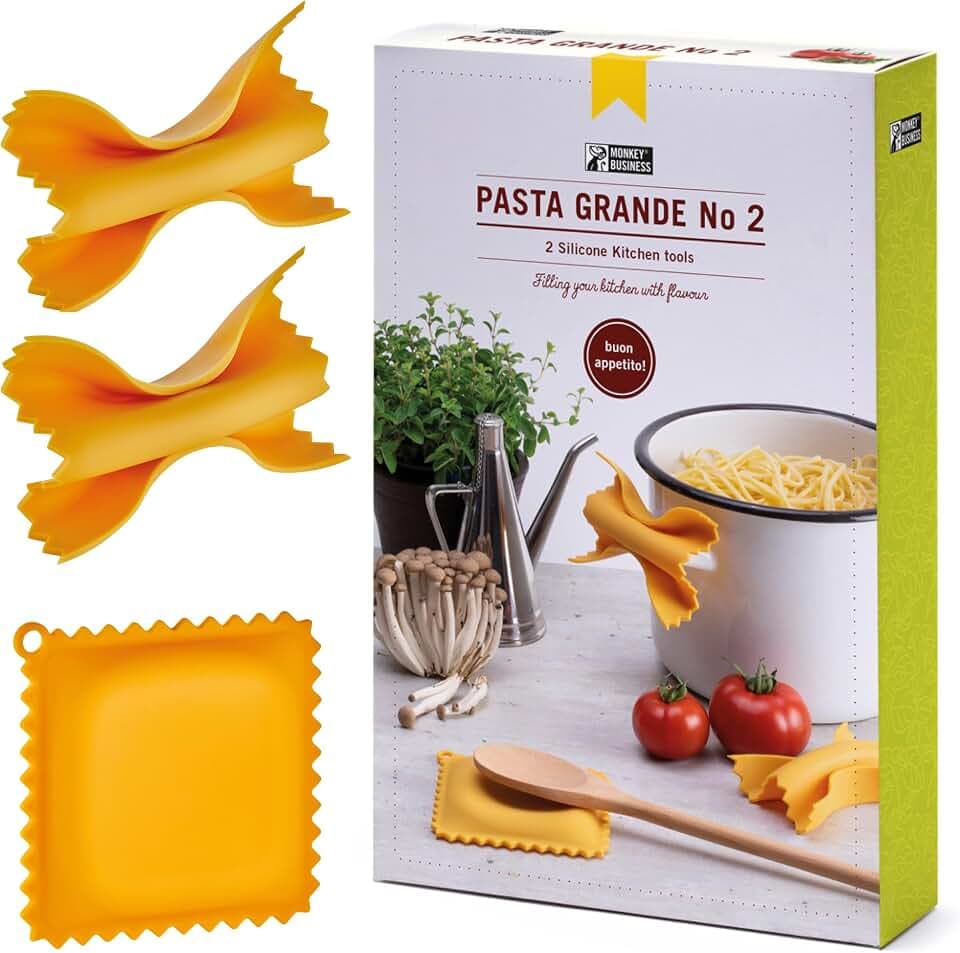 Monkey Business Pasta Shaped Silicone Kitchen Tools in a Gift Box / 2 of Our Big Pasta Shaped Kitchen Gadgets/Farfalloni Shaped Pot Grips, and Ravioli-Shaped Spoon Rest/Pasta Grande No. 2