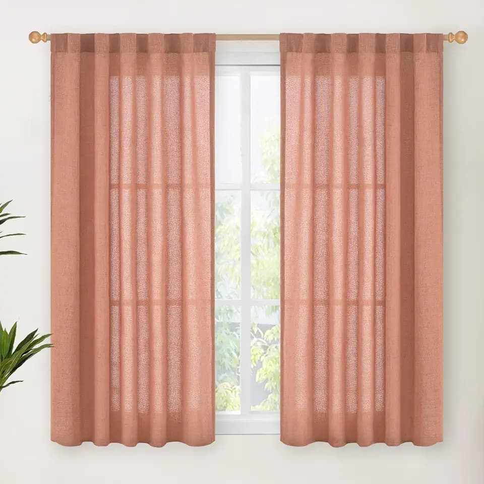 YoungsTex Rust Terracotta Linen Curtains 48 Inch Length,Burnt Orange Semi Sheer Drapes with Rod Pocket Back Tab Light Filtering for Short Living Room Windows, 2 Panels, 42 X 48 Inch