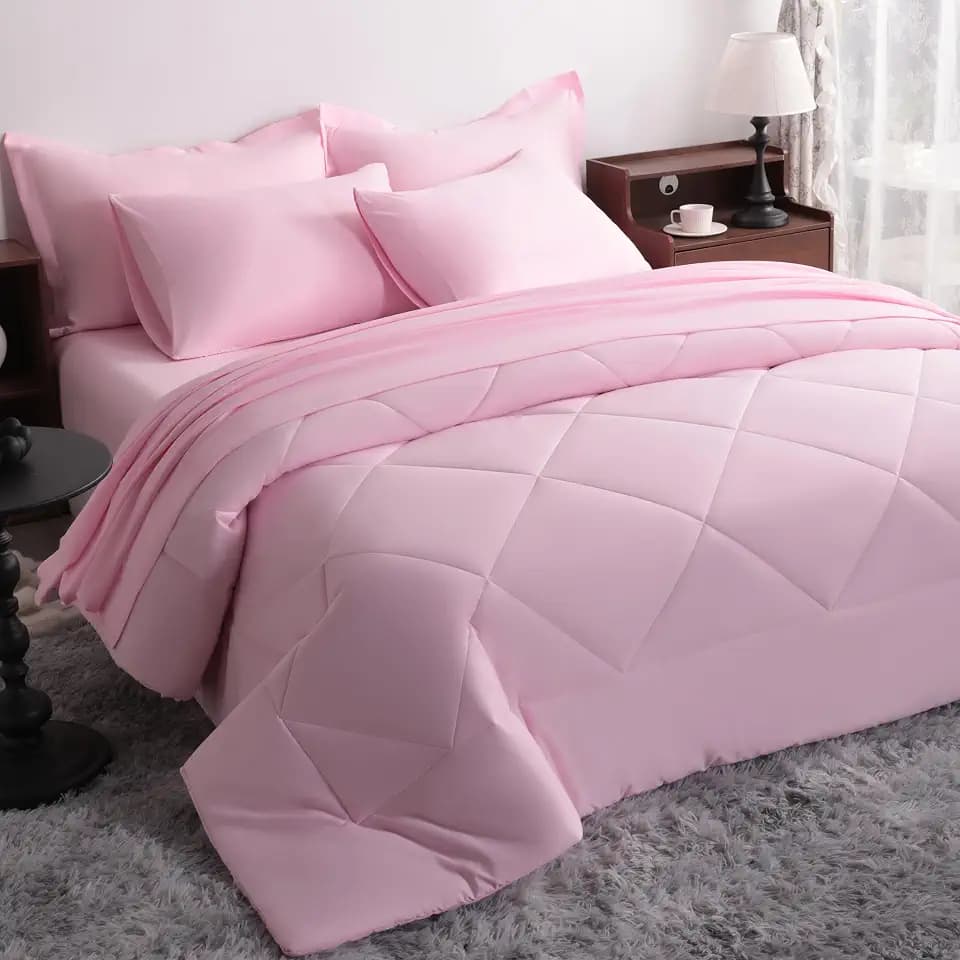 NTBAY Queen Microfiber Bed in a Bag, Comforter Set with Sheet 7 Piece, Pink
