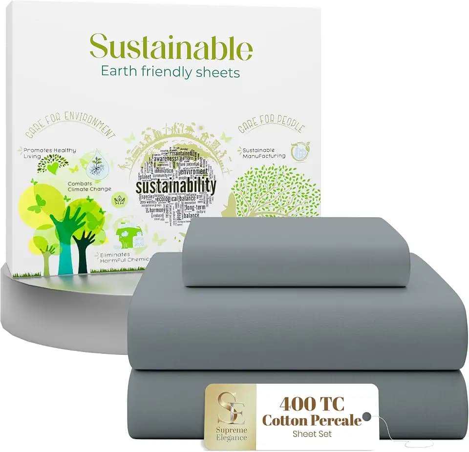 SUPREME ELEGANCE Twin Size Bedding Sheets Set, 100% Cotton, Charcoal Gray