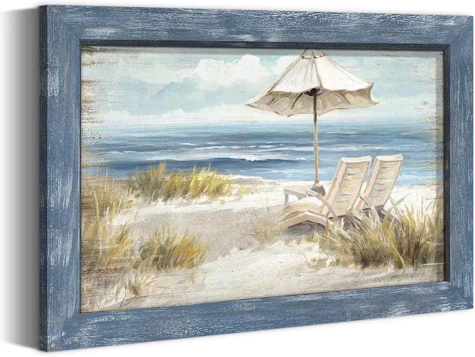 summer melody Beach Chair Coastal Framed Wooden Wall Art 24x16Inch