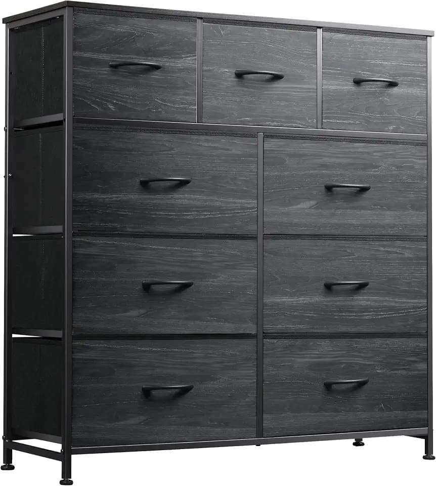 WLIVE Tall Dresser for Bedroom, 9 Drawer Chest of Drawers, Black Wood Grain