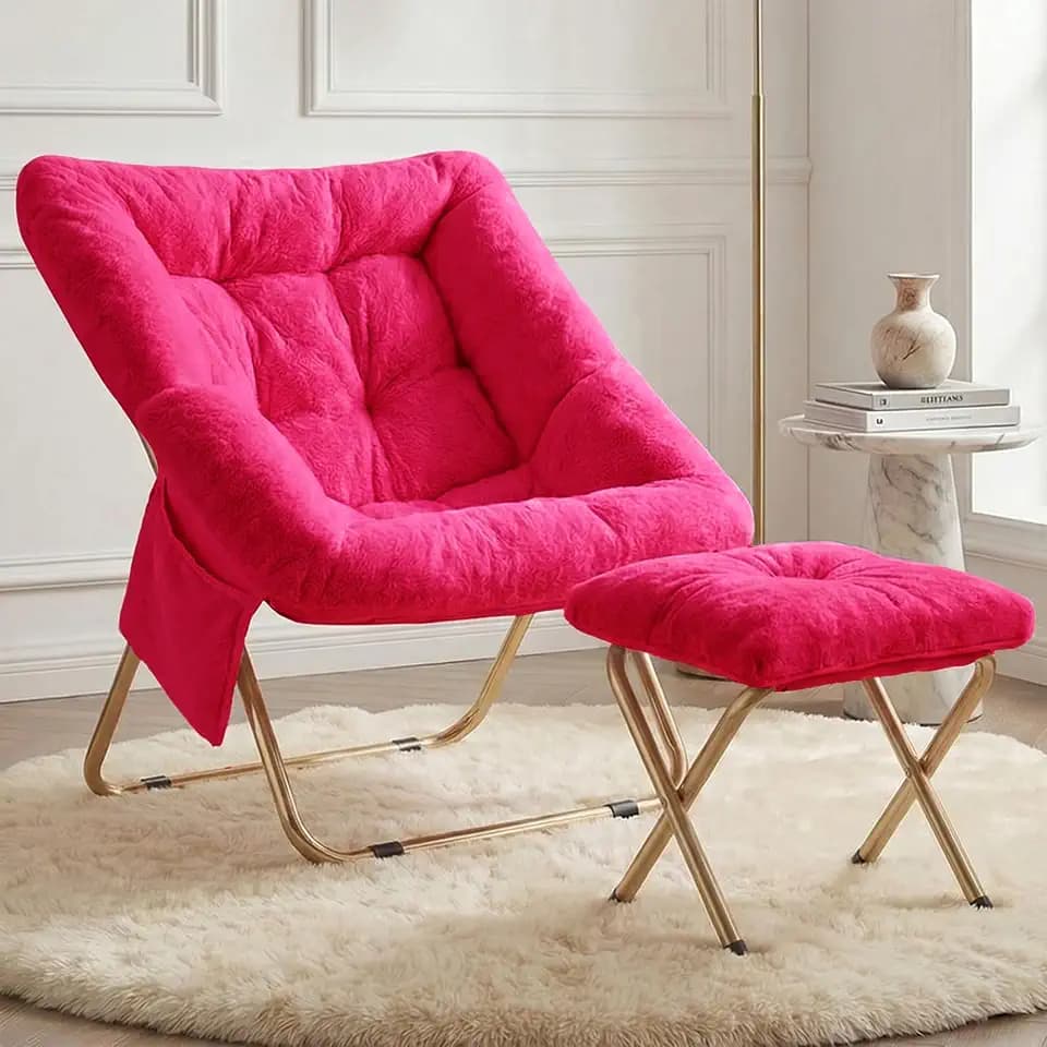 Comfy Saucer Chair for Adults, Foldable Living Room Chairs, Soft Faux Fur Lounge Chair for Bedroom, Reading Chairs, X-Large (Ottoman-Hot Pink)