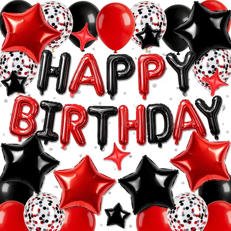 43PCS Red and Black Birthday Decorations for Women Men, Red and Black Balloons, Happy Birthday Banner, Confetti Latex Balloons 12 Inch for Birthday Party Decorations (Black and Red)