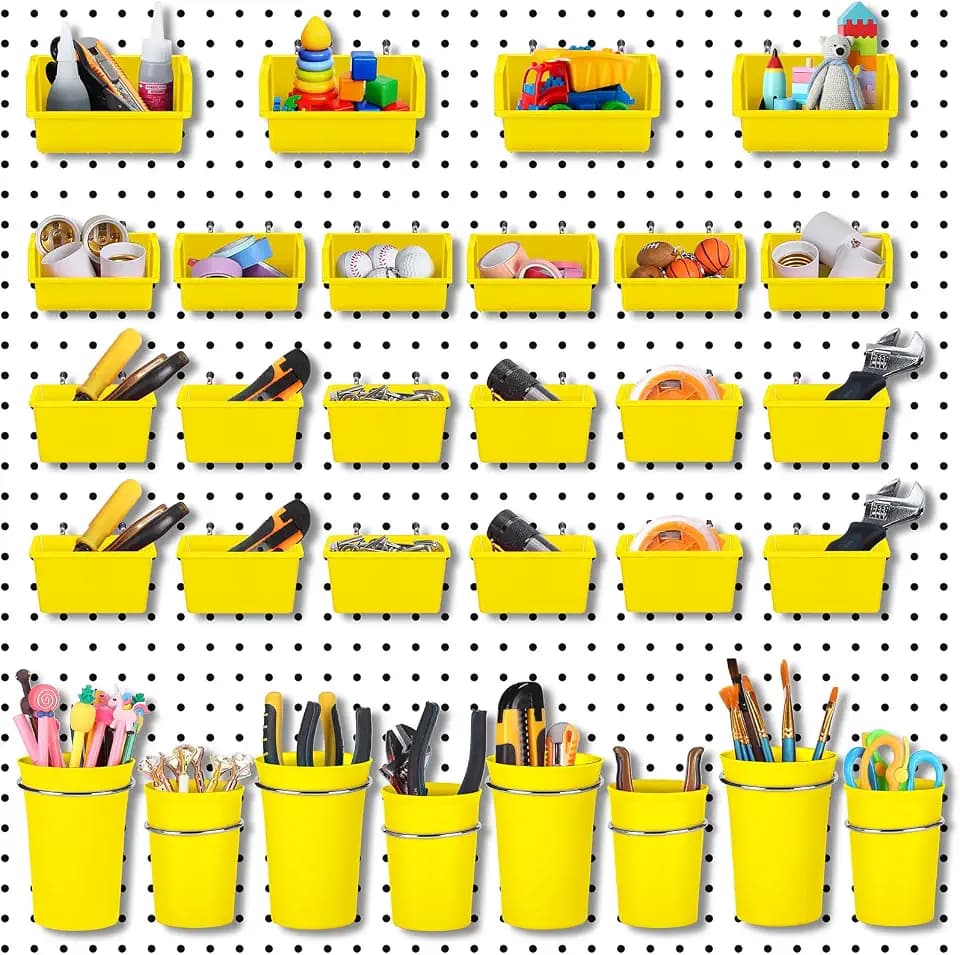 Roowest 60 Pcs Pegboard Cups Pegboard Bins Set, Wall Organizer with Hooks and Loops, Hooks Assortment Organizer Accessory for Office Storage Garage Craft Workshop(Yellow)