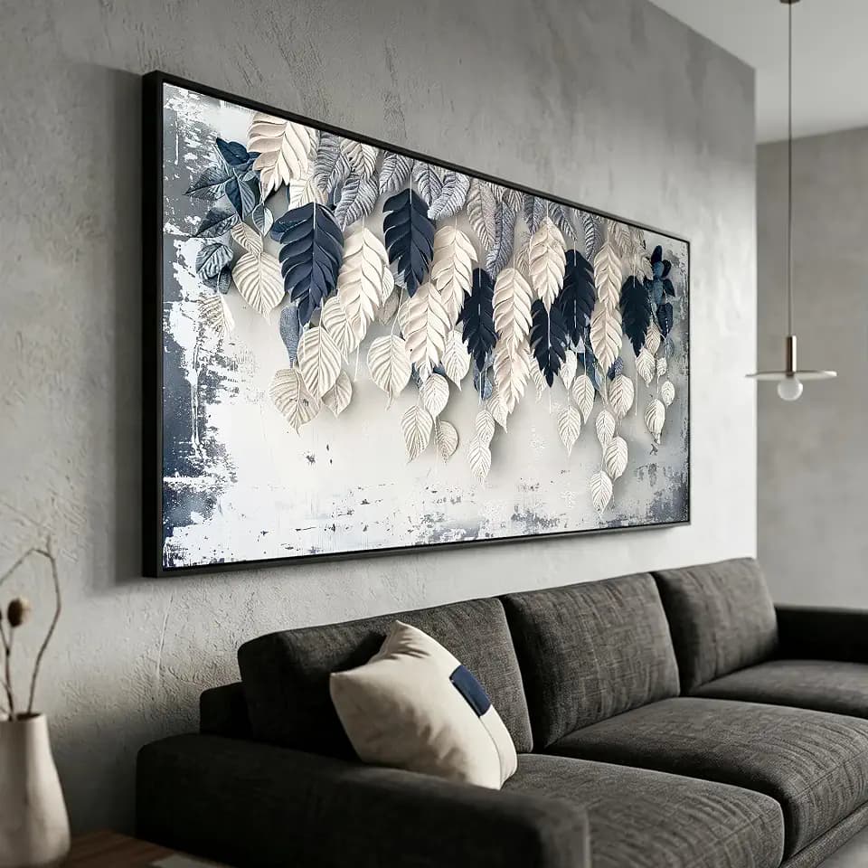 Botanical Leaf Wall Art White Blue Modern Framed Canvas Decor 30"x60"