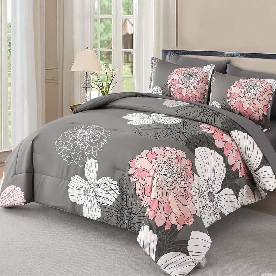 Yiran Floral Comforter Set King Size, 7 Pieces Grey Pink Bed in a Bag