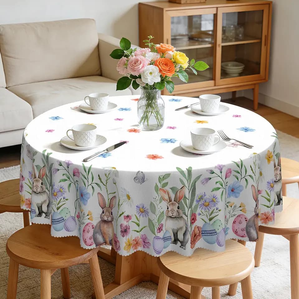 Round Tablecloth 60In Rabbit Flowers Tablecloth Waterproof and Wrinkle-Free