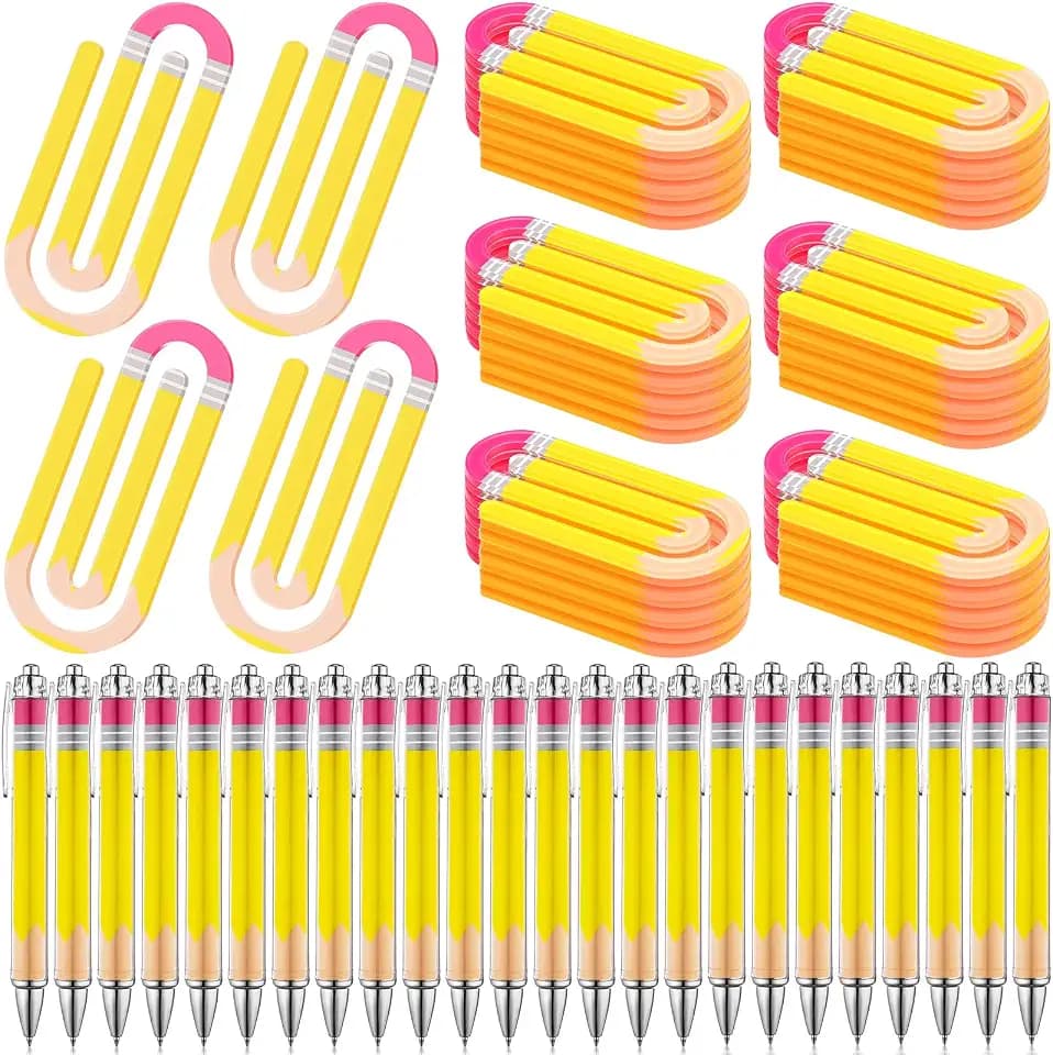 AmazingSpark 24 Sets Back to School Teacher Appreciation Gifts Bulk, Jumbo Acrylic Paper Clips&Ballpoint Pens, Cute Paperclip Bookmarks for First Day of School, Office Stationery Supplies (Pencil-A)